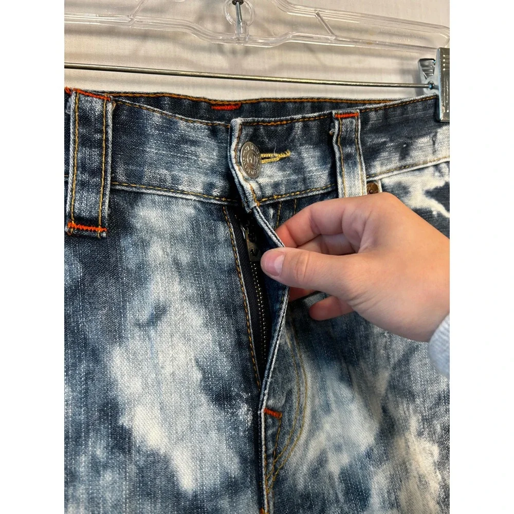 True Religion Mens Section Slim Acid Wash Blue White Denim Jeans Size 34 x 33